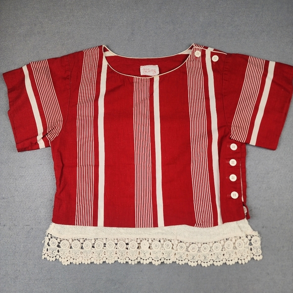Petite Lanz Tops - Vintage Petite Lanz Red Cream Stripe Blouse Lace
